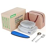 Stainless Steel Lunch Bento Box Meal Prep Food Storage Containers With Lids - Adult Portion Control To Go Lunchbox- Metal Sandwich Snack Container Boxes -2 Pieces Set 29oz& 15oz With Lunch Bag Utensil