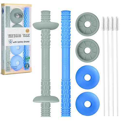 Teething Tube with Safety Shield Baby Hollow Teether Sensory Toys Gum Massager, Food-Grade Silicone for Infant 3-12 Months Boys Girls, 1 Pair with 4 Cleaning Brush Included (Blue+Grey)