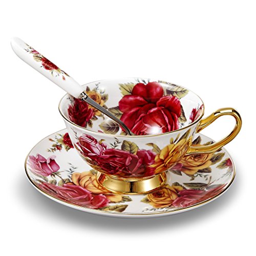 Panbado 3 Piece Bone China Coffee Tea Cup and Saucer Set with Spoon, 6.8 oz/200 ml, Yellow and Red Rose