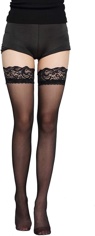 Women’s Sheer Lace Sexy Long Tube Thigh High Stockings (Black): Clothing