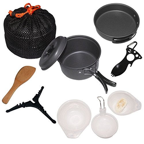 Startostar 11-Piece Camping Cookware Mess Kit with Anodized Aluminum Pots and Pans Set, Spork, Mesh Bag, Canister Stand Tripod and Box