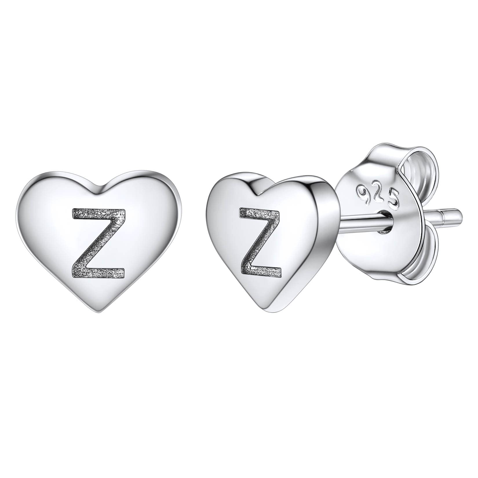Studs Earrings for Women, S925 Sterling Silver Heart Initial Letter Z Small Tiny Earrings for Girls Ladies Mum Daughter Sisters Friends Lover Hypoallergenic Silver Jewellery with Gift Box