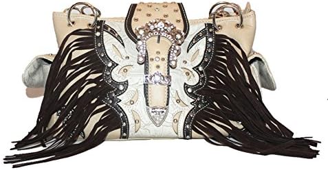 Premium Rhinestone Butterfly Buckle Tooled PU Leather Women's Concealed Carry Fringe Handbag and Texas West Coin Collection in 4 Colors (Beige)