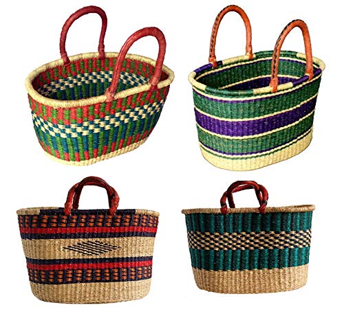 Handmade Ghanaian Woven Oval Picnic Shopping Basket - Durable Leather Handles, Multi-Purpose Storage, Supports African Farmers