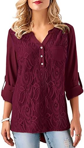 Roaays M Women's V Neck Cuffed Sleeve Blouse Casual Chiffon Tops