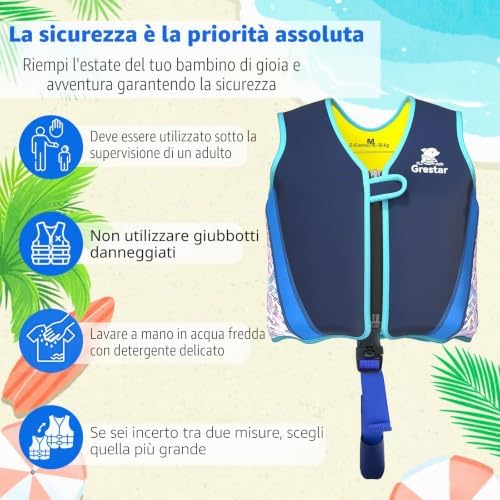 Gilet da Nuoto in Neoprene per Bambini – Giubbotto di Nuoto Grestar con 8 Blocchi EPE Rimovibili, Cinturino Passacavo e Fibbia di Sicurezza,Design Senza Maniche per Età 2 a 6 Anni / 15 a 30 kg