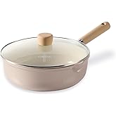 CAROTE Ceramic Nonstick Frying Pan Skillet with Lid, 10" Deep Frying Pan, 4 QT Saute Pan wilt Lid, Non Stick Chef's Pan, Non-toxic Healthy, PFOA/PFAS Free, Induction-Compatible, Taupe