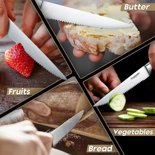 Freelander 6-piece Meat Knife Set, Table Knives with Serrated Edge and Ergonomic Wooden Handle, Sharp Steak Knives for Cutting Steak and Meat