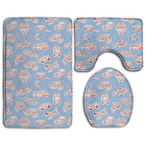Non Slip Absorbent Water Bathroom Rug Toilet Sets, Cartoon Vehicle Family Flannel Non-Slip Bathroom Rug Mats Set 3 Piece Washable Contour Rug and Lid Cover - Thumbnail 3