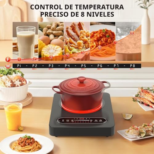 VBGK Vitroceramica Portable 2000W, Portable Vitro with Timer, 8 Power Levels, 220V~240V with Plug, Electric Plate for Camping Compatible with All Types of Pots