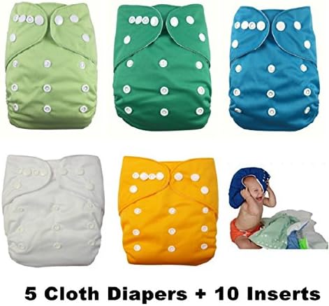 NOOYA Reusable Baby Cloth Diapers - Adjustable Snap One Size Cloth Pocket Diapers, 5 Pack Nappy Diaper Covers with 10 Absorbent Diaper Inserts