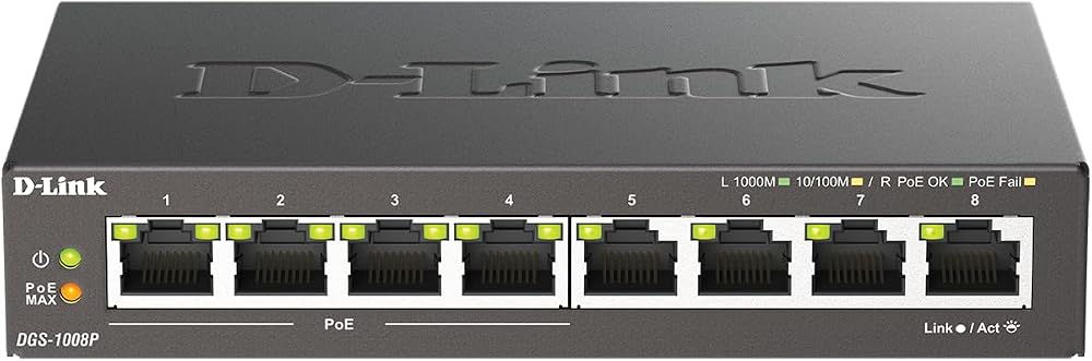 D-Link DGS-1008P 8-Port Gigabit Unmanaged Desktop PoE Switch 80W Fanless Metal