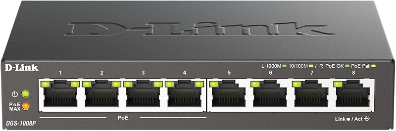 D-Link DGS-1008P 8-Port Gigabit Unmanaged Desktop PoE Switch 80W Fanless Metal