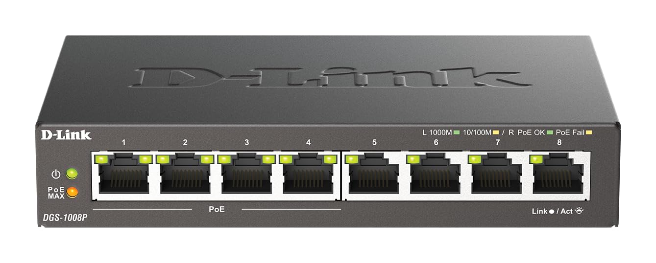 D-Link DGS-1008P/B 8-Port Gigabit Unmanaged Metal Switch with 80W across 4PoE ports, Black