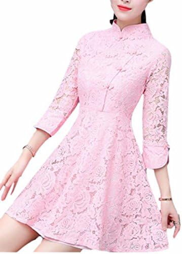 pujingge Women's Elegant Floral Lace Slim Chinese Style Swing Midi Dress Pink XS
