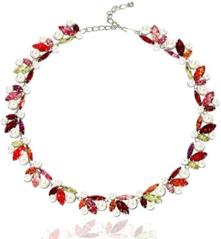 Fiery Marquis Necklace with Imitation Pearls and Swarovski Pink, Red, Orange & Yellow Stones by Albert Weiss
