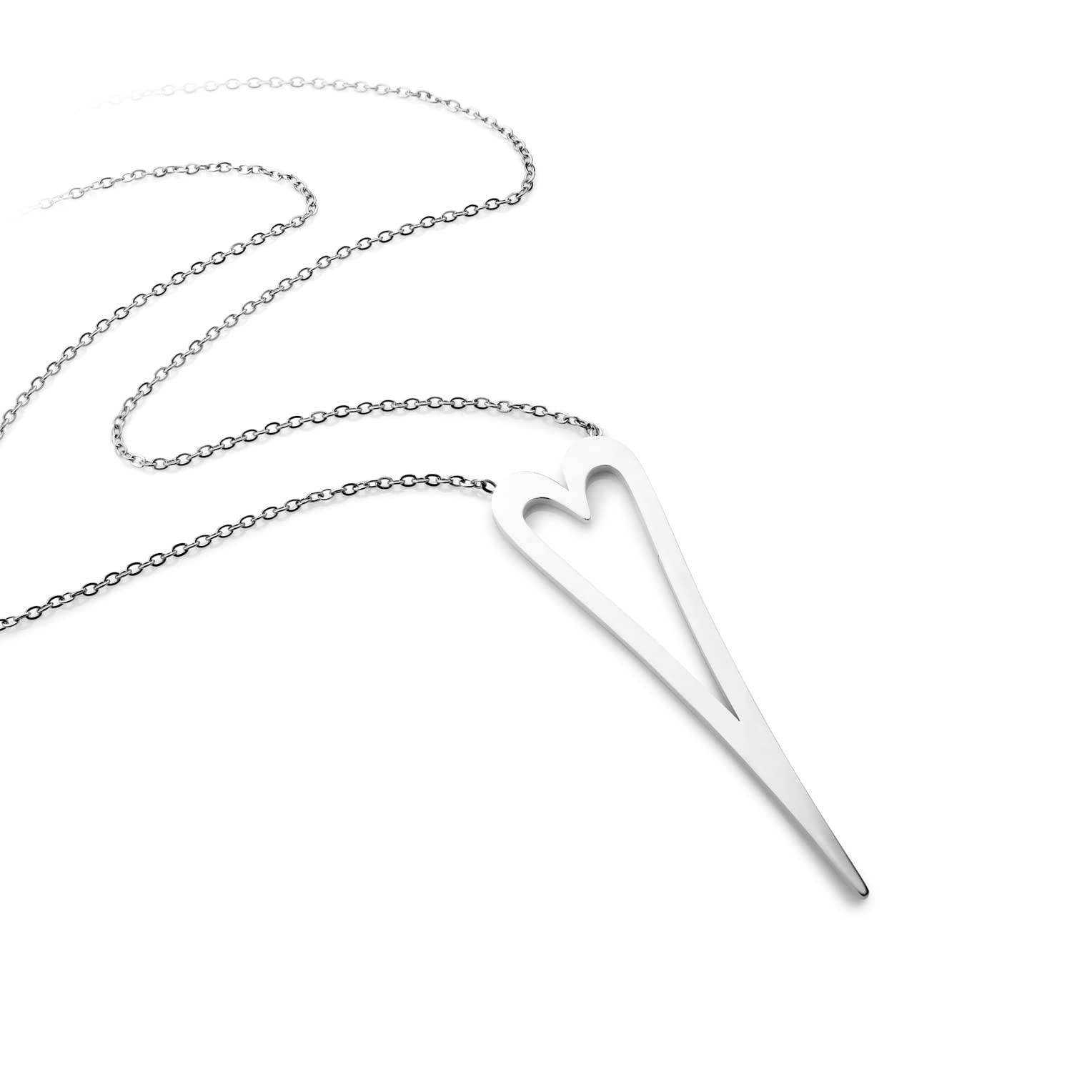 555Jewelry Stainless Steel Stretched Heart Shaped Necklace for Women Simple Dainty Romantic Heart Pendant, Long Hollow Heart Necklace for Ladies, Silver