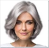 JIYCZK Short Bob Hair Wig Wavy Micro Curly Hair Synthetic Cosplay Daily Party Wig Natural As Real Hair Free Wig Cap 14Inch Silver Gray