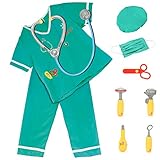 FunsLane Kids Doctor Costume Set Career Role Play with Surgeon Dress up Costume and other Accessories Stethoscope, Reflex Hammer, Syringe for Kids Pretend Play 10 Pcs Christmas Gift Birthday Present