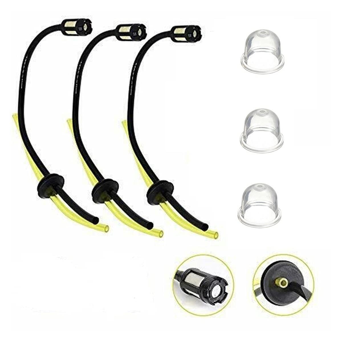 Strimmer Fuel Line with Primer Bulb Replacement Parts for Brush Cutter,Chainsaw,Lawn Mower,Hedge Trimmer (3 Set)