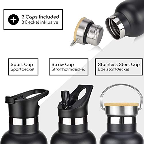 Milu Edelstahl Trinkflasche 500ml, 750ml, 1000ml (+3 Deckel) - Thermosflasche mit Strohhalm, Isolierte Wasserflasche, Auslaufsichere Isolierflasche doppelwandig, Kohlensäure geeignet (Schwarz, 750ml) – Bild 4