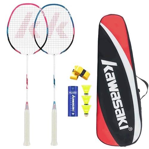 Kawasaki Badminton Racket Professional Graphite Badminton Set of 2 Lightweight Racquet for Sports, Training & Entertainment with 3 Badminton Shuttlecocks/2 Overgrips/1 Carrying bag (KD-3 RED BLUE)