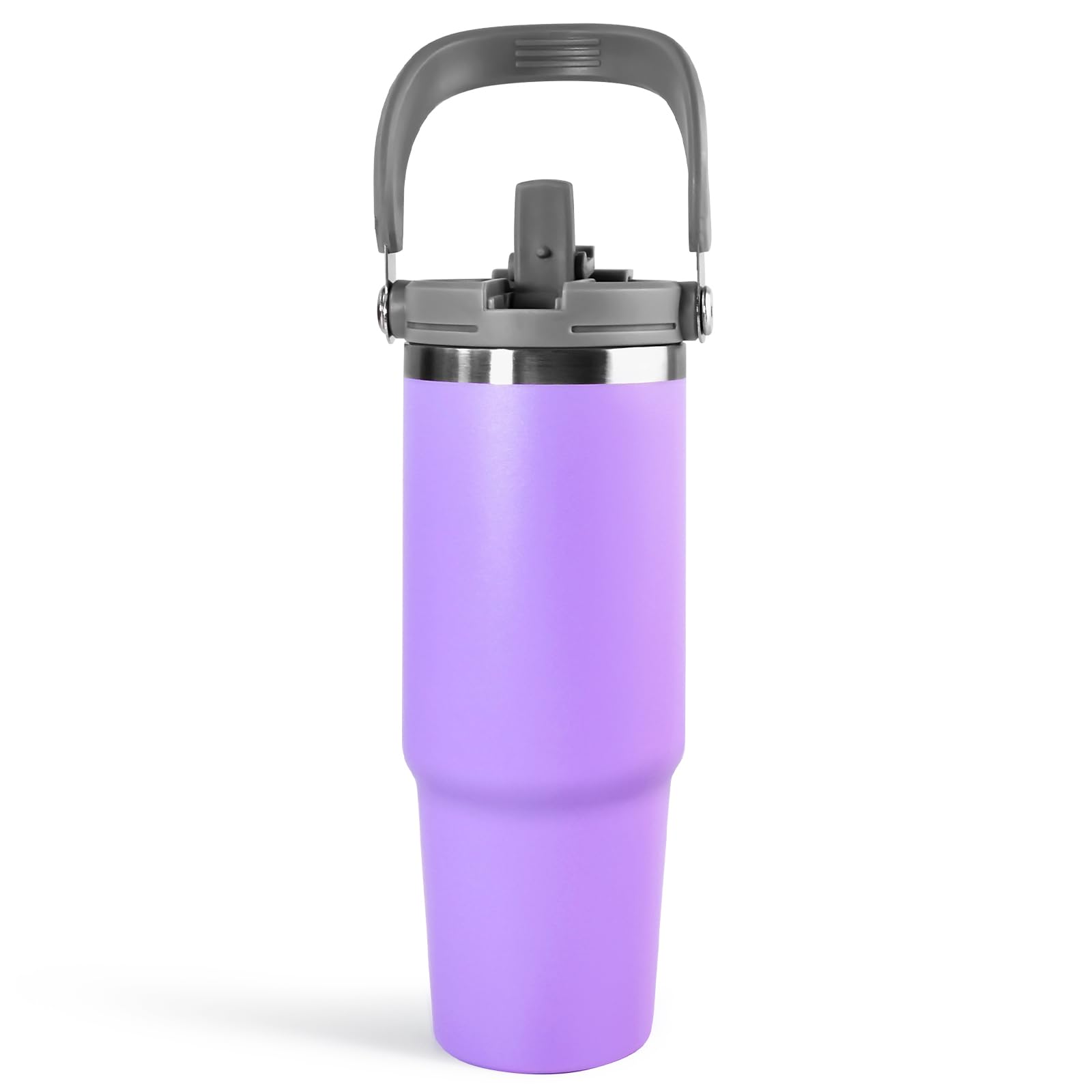 Photo 1 of 30 oz Tumbler with Handle and Straw Lid, Double Walled Vacuum Insulated Water Bottle Leakproof Tumbler Travel Coffee Mug Thermal Cup, Cupholder Friendly for Office, Home, Sport, Purple