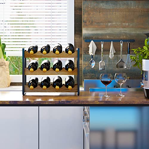 IBUYKE TMJ904H Wooden Wine Rack with 3 Levels, Wine Rack 12 Bottles | Stackable Wine Rack Countertop Storage Organizer Wine Racks for Kitchen Bar Cellar