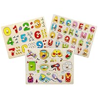 Toddler Puzzles Wooden Peg Puzzles for Toddlers 2 3 4 5 Years Old (Set of 3) - Numbers, Alphabet and Objects Puzzle by Wallxin