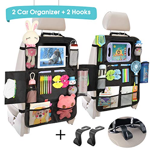 Car Back Seat Organizer - Universal Car Seat Back Protectors Kick Mats with 12 Storage Pockets Touchable Tablet Holder for Kids Baby vehicle organizer, 2 Pack Car Seat Organizers+ 2 Car Headrest Hook