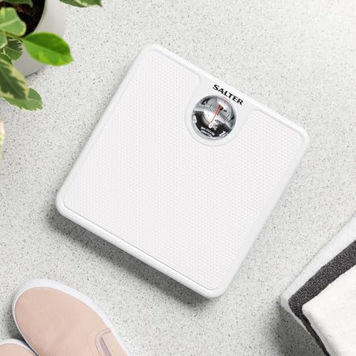 Salter Mechanical Bathroom Scale – Analogue Body Weighing Scale, Classic Fitness Scale, 133kg Capacity, Easy Read Display with Magnifying Lens, Non-Slip Mat, No Batteries Required, White