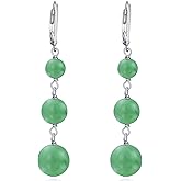 Lattd Green Jade Earrings 925 Sterling Silver 3 Natural Jade Beads Dangle Drop Leverback Earrings for Women Mom Wife
