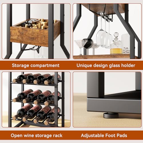 IBUYKE Wine Rack Floor,Bar Industrial Wine Bar,Brown TMJ916H | Wine Rack with Cup Holder Wine Rack for Living Room Kitchen Dining Room