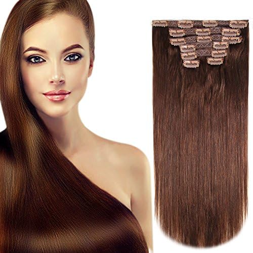 HEESAGA 12 Inch Clip in Extensions, Real Human Hair Extensions for Women Beauty, 80 Grams/2.8 Ounce 7 Pieces with 16 Clips per Set (#4 Medium Brown)