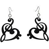 Treble Clef Heart Dangle Earrings, Wood with Stainless Steel Hooks, Black