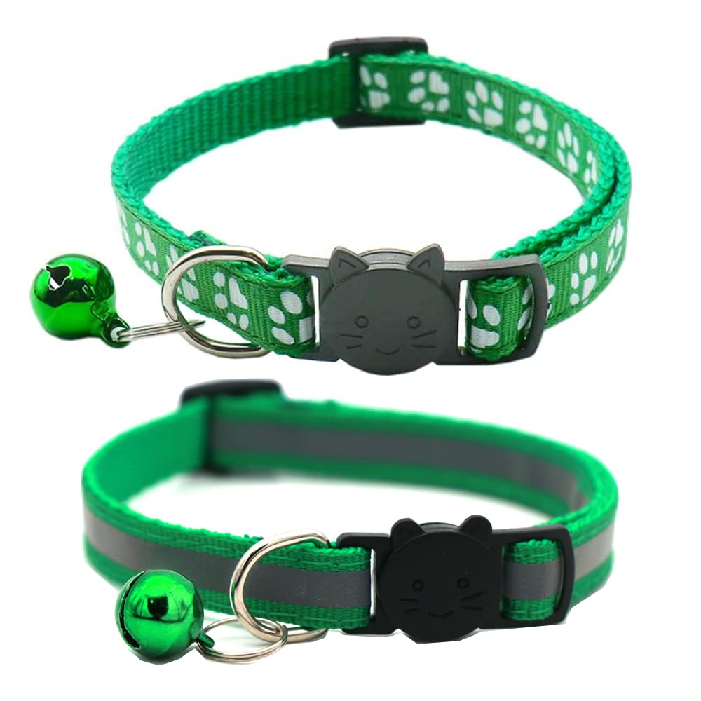 Hepplly 2-Pack Cat Collars Quick Release Reflective Kitten Collar with Bell (Dark Green)
