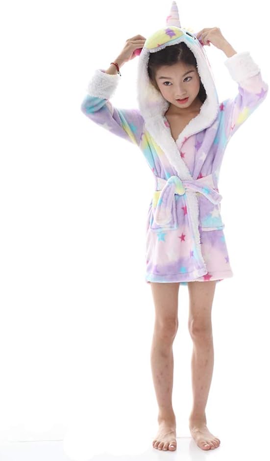 Kids Rainbow Unicorn Hooded Bathrobe, Soft Flannel Unicorn Pajamas Sleepwear