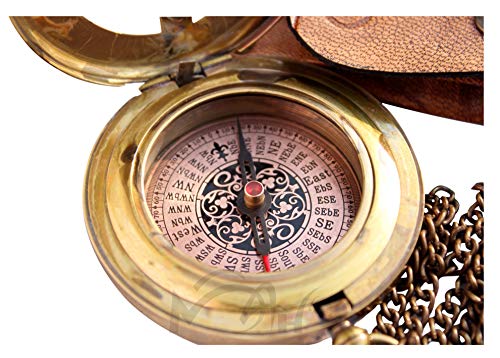 MAH Brass Sundial Compass with Leather Case and Necklace Chain - Push Open Compass - Steampunk Accessory - Antiquated Finish - Beautiful Handmade Gift -Sundial Clock C-3047