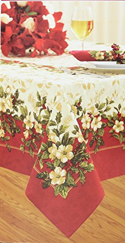 Winter Wonderland Damask Joyous Holiday Tablecloth 60 Inches x 84 Inches Seats 6 to 8 People Red Color Pattern
