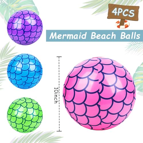 HeyOtter 4PCS Mermaid Beach Balls, Inflatable Pool Ball 10 Inch Mermaid Party Decorations for Kids