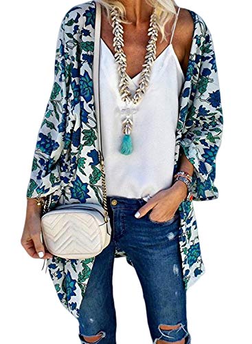 Dokotoo Womens Ladies Fashion Loose Summer Floral Printed Open Front Kimonos Long Cardigans Long Sleeve Shawl Kimonos Beach Bathing Suit Swimsuit Swimwear Cover Up Outerwear