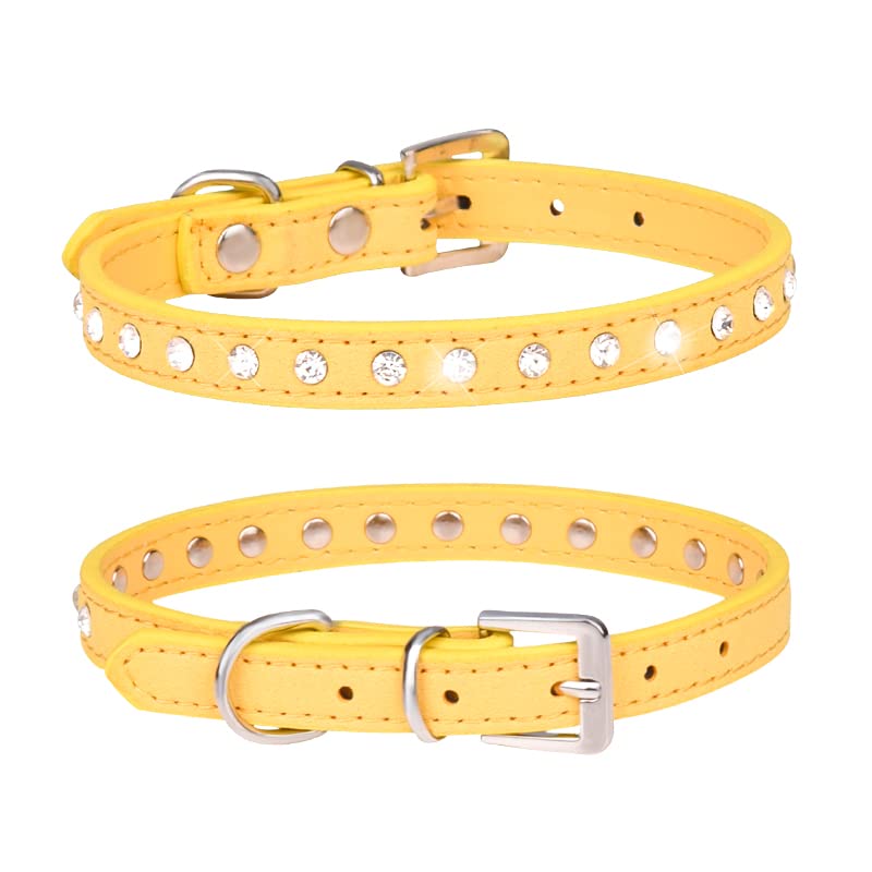 haoyueer Cute Dazzling Sparkling Elegant Fancy Suede Leather 1 Rows Bling Rhinestone Crystal Jeweled Small Pet Cat Dog Puppy Collar … (S, Yellow)