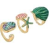 CHIVASO Gold Plated Seashell Rings for Women, Enamel Stylish Adjustable Ocean Beachy Jewelry Shell Wave Starfish Rings Decoration Accessories Stuff for Summer Beach Daily Wear
