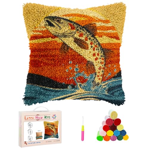 Latch Hook Kits Pillow Trout Fish Jumping from Water Sunset Stamped Pillowcase Handamade Crochet Yarn Hook and Latch Emboridery Throw Pillow Cover for Home Sofa Decor 17x17inch(6)