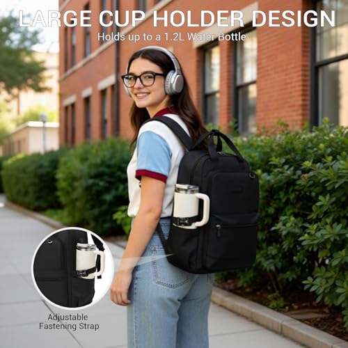 Kono Laptop Backpack for 15.6 Inch Women, Large Capacity, Waterproof with Bottle Pocket, Ideal for Work, University, Travel (Black)