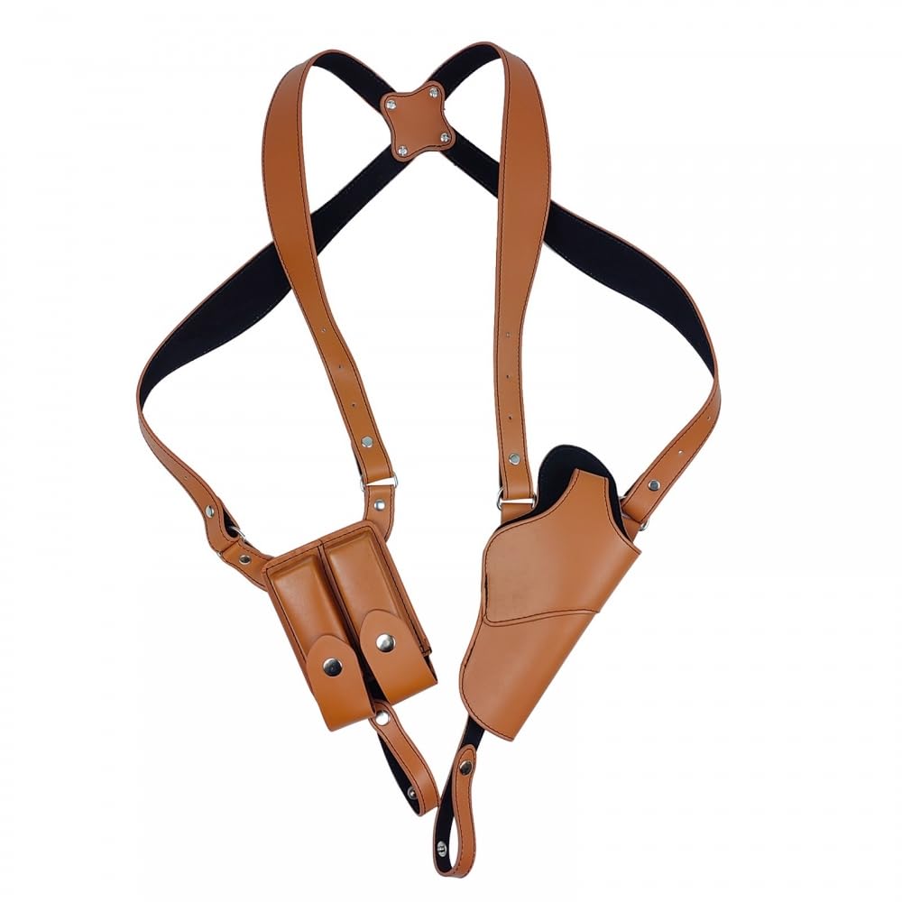 Shoulder Holster, Vertical Leather Concealed Gun Holster Adjustable with Double Magazine Pouch for 1911 92 96 48 45 43 19 Z92 and other Pistols Brown