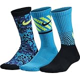 Nike Boys Graphic Cotton Cushion Crew 3 Pack Sock (Blue, Light Blue, Black, Volt)