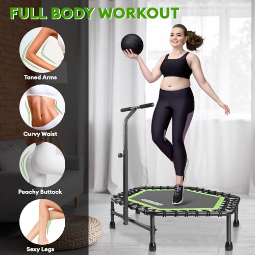 ONETWOFIT 107/114cm Trampolín de Rebote para Adultos, Mini trampolín silencioso para Ejercicio en Interiores al Aire Libre, trampolín de Fitness con Rebote Bungee Verde