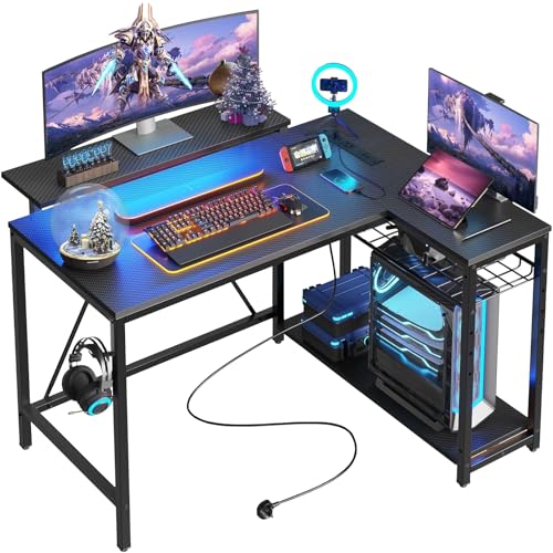 FURRIFIC Escritorio para Computadora en Forma de L, Escritorio Minimalista con Soporte para Monitor, Escritorio Gamer Estructura de Acero,Toma de Corriente, Perchero para Auriculares,106 x 91 x 80cm