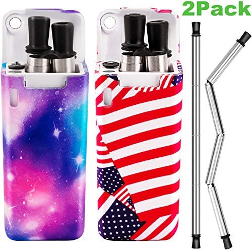 Collapsible Reusable Stainless Straw - Folding Drinking Straw Silicone Portable Straw for travel Portable Set with Case Holder & Cleaning Brush (2 Pack)